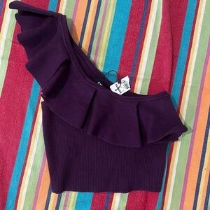 Express Purple Off-Shoulder Ruffle Crop Top